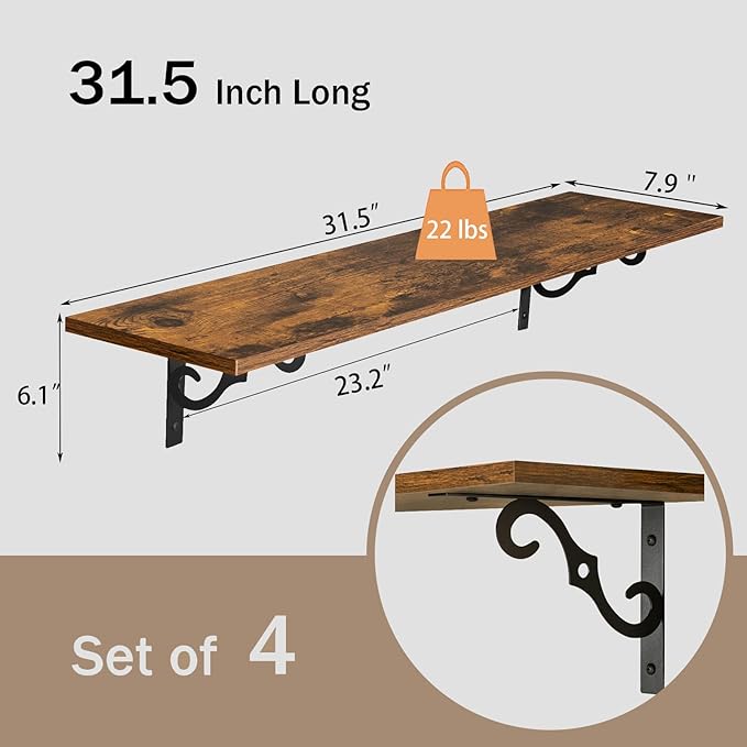 DINZI LVJ Long Wall Shelves, 31.5 Inch Large Floating Shelves Set of 4 - Image 3