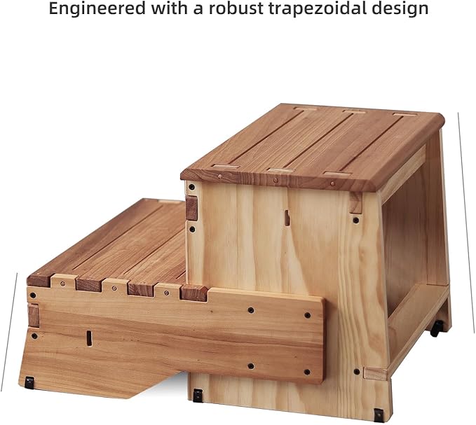 32" Wooden Two Step Stool for Adult & Kid, Deeper & Safer Bedside Steps - Image 4