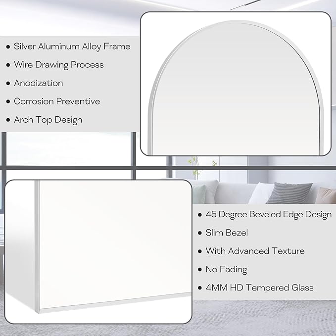 30" x 40" Silver Arched Mirror, Large Arch Bathroom Vanity and Wall Decor Mirror - Image 2