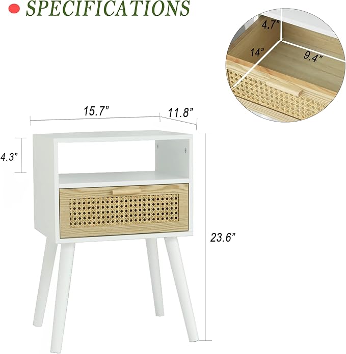 MaxSmeo Nightstand with Charging Station, Bedside Tables with Rattan Drawer - Image 3
