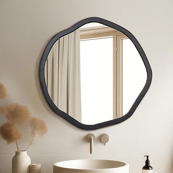 ULIKE Round Wood Mirror 24 Inch Circle Wall Mirror, Asymmetrical Bathroom by ULIKE