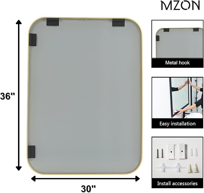 MZON 30x36 Inch Large Brushed Gold Vanity Mirror, Rectangle Bathroom Mirrors - Image 4