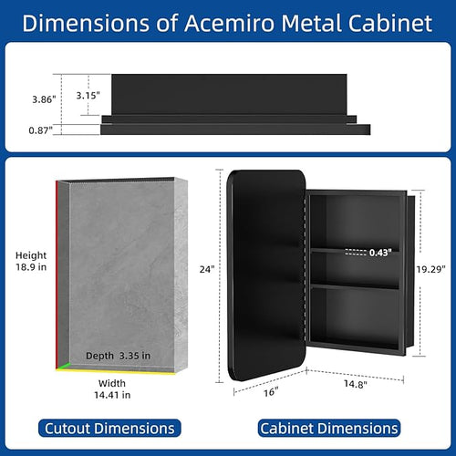 16x24 Inch Black Mirror Medicine Cabinet Metal Framed Recessed Wall Mounted - Image 2