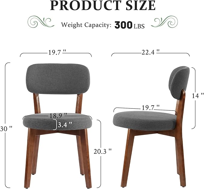 Furniliving Wooden Dining Chairs Set of 2, Mid-Century Modern Linen Upholstered - Image 2