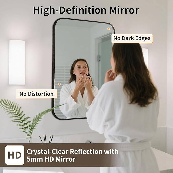Black Bathroom Mirror, 40x30 Inch Aluminum Frame Rectangle Mirror, Tempered - Image 2