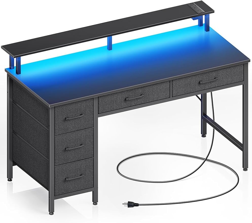 Seventable Computer Desk with Power Outlets & LED Light, 55 inch Home Office by Seventable