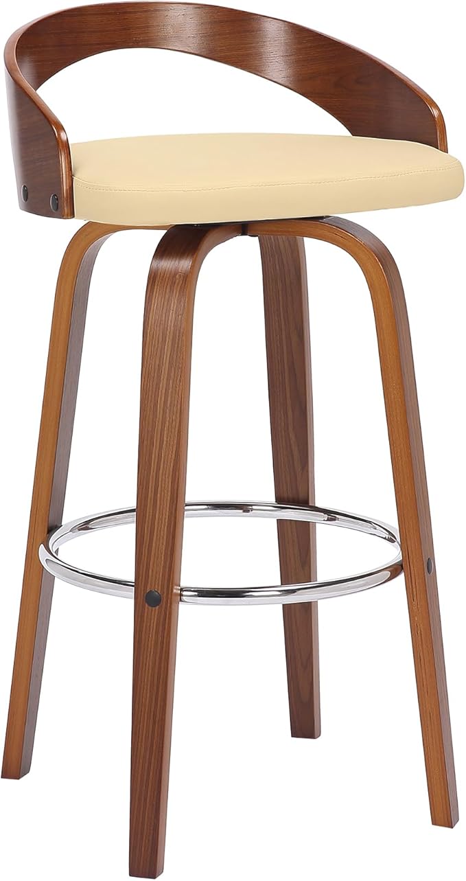 Armen Living Sonia 30" Bar Height Swivel Cream Faux Leather and Walnut Wood Bar - Image 6