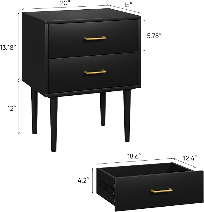 Black Nightstand with 2 Drawers, Modern Night Stand Black, Wooden Night Stands - Image 2