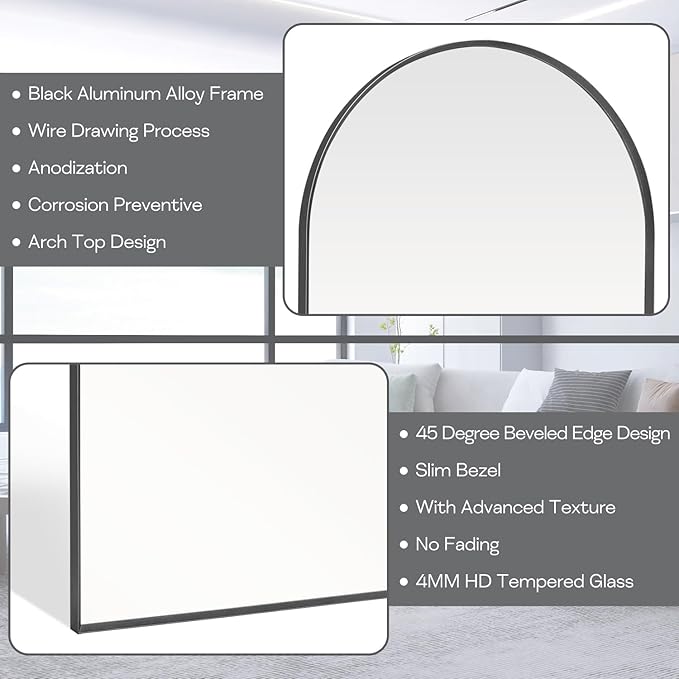 22" x 30" Black Arched Mirror, Arch Wall Mirror, Metal Frame Black Bathroom - Image 3
