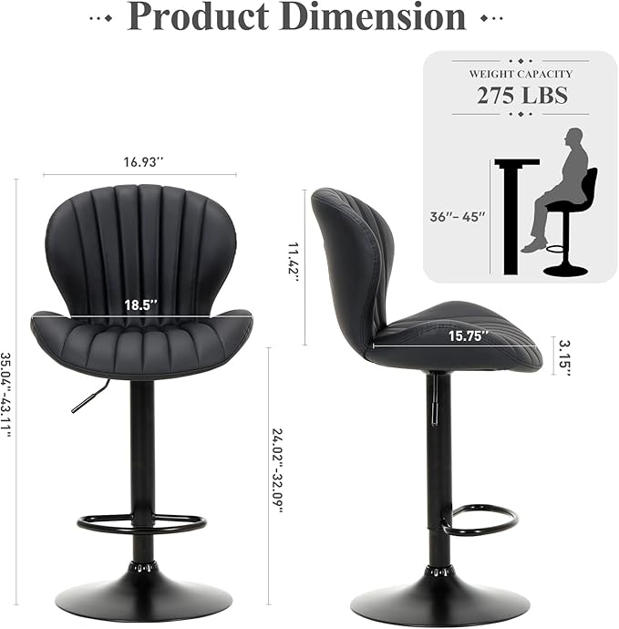 COLAMY Bar Stools Set of 1, Modern Swivel Bar Chairs, Adjustable Faux Leather - Image 2