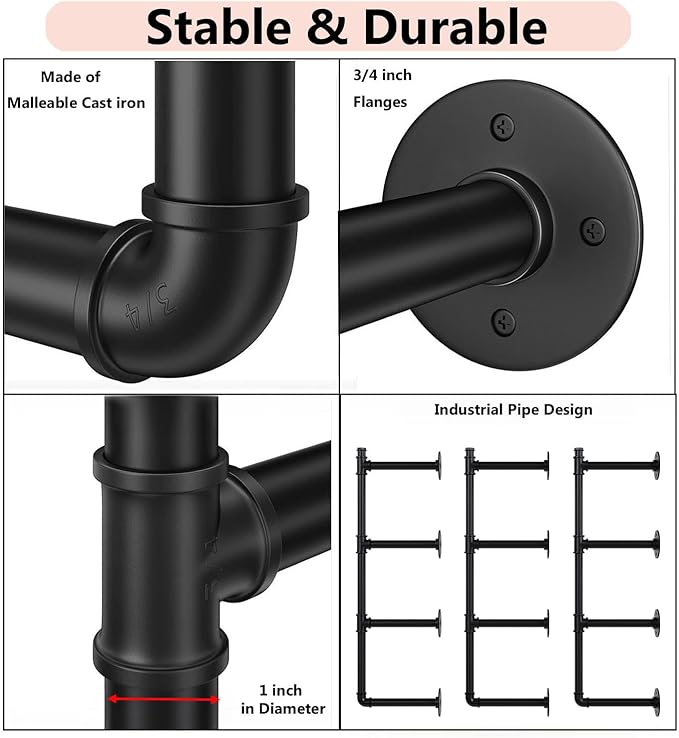 Industrial Pipe Shelf Brackets Wall Mount, Open Black Pipe Shelving - Image 4