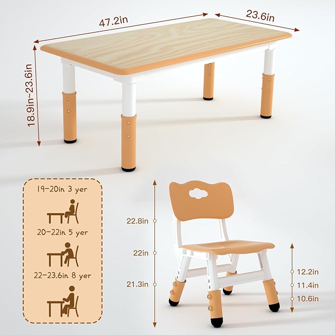 Kids Table and 6 Chairs Set，Height Adjustable Children Table & Chair，Toddlers - Image 2