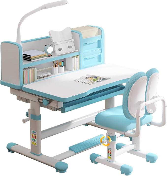 Kids Study Table and Chair Set Blue Height Adjustable Child's School Study by SMIXLVY