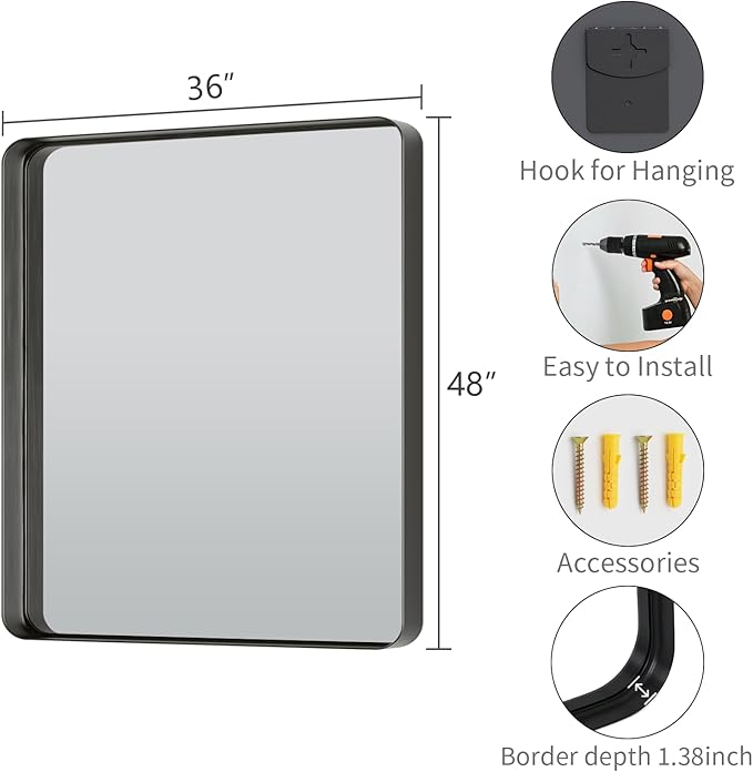 Koonmi Black Bathroom Mirror for Wall, 36x48 Inch Matte Metal Deep Framed - Image 3