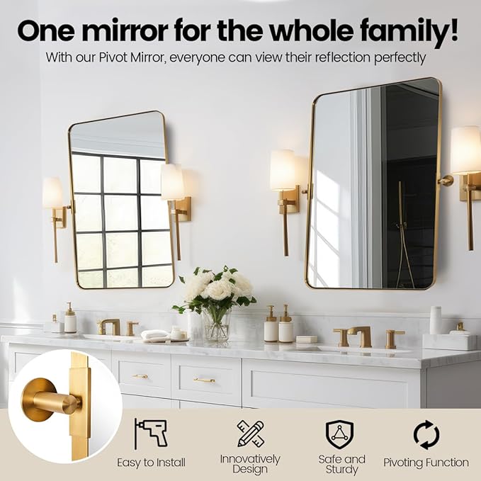 MOON MIRROR Gold Brass Pivot Rounded Rectangle Bathroom Mirror, Brushed Gold - Image 2