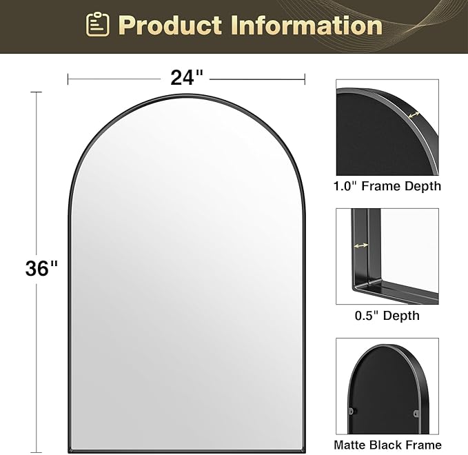Brightify Arched Mirror, Arched Wall Mirror, 24 x 36 Inch Black Arch Mirror - Image 7
