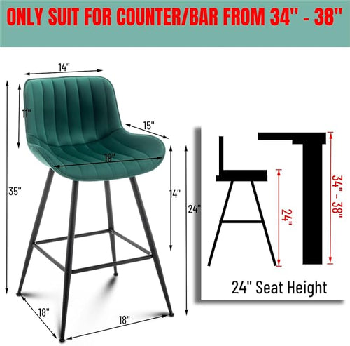24 Inches Velvet Upholstered Island Stools, Bartools Set of 2, Fabric Counter - Image 2