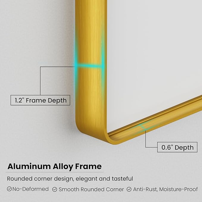 Gold Bathroom Mirror, 40x30 Inch Brushed Gold Metal Frame Mirror - Image 4