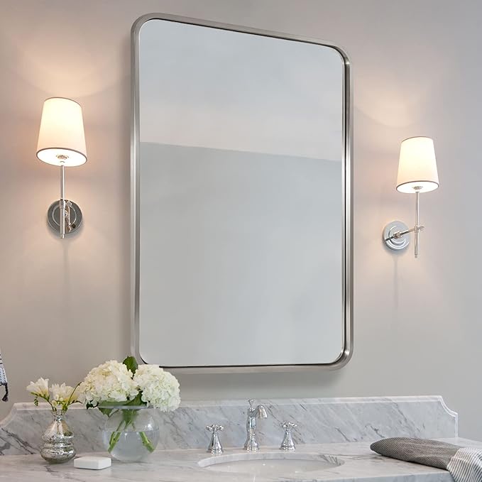ANDY STAR 24x32 INCH Brushed Nickel Mirror, Rounded Rectangle Silver Metal - Image 9