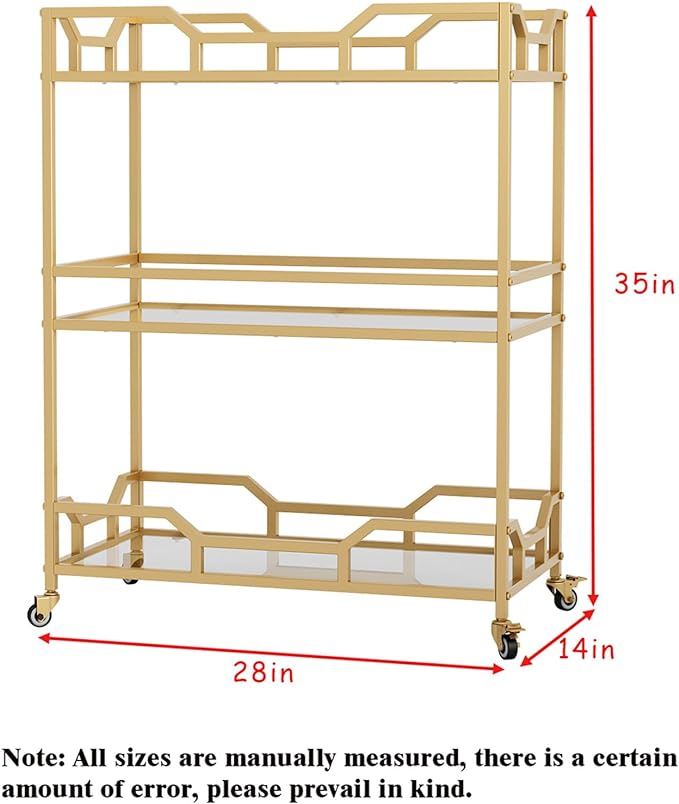 Square Gold Bar Carts with 3 Tier Storage Glass Shelves Holder Home Serving Bar - Image 3