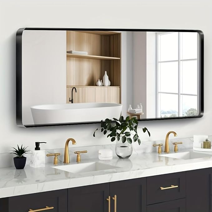 Black Bathroom Mirror 72X32 Inch, Rounded Rectangle Matte Bathroom Vanity Mirror by JISOSO