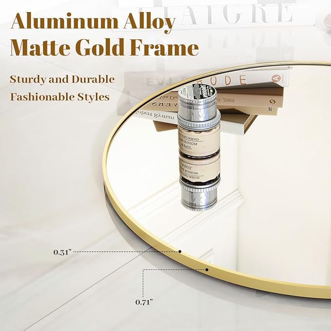 Gold Round Bathroom Mirror, 20 inch Circle Wall Mounted Hanging Mirror - Image 3