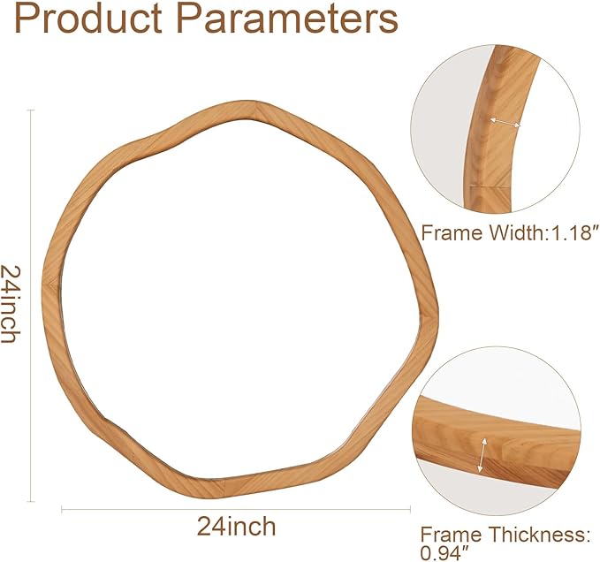 ULIKE Round Wood Mirror 24 Inch Circle Wall Mirror, Asymmetrical Bathroom - Image 6