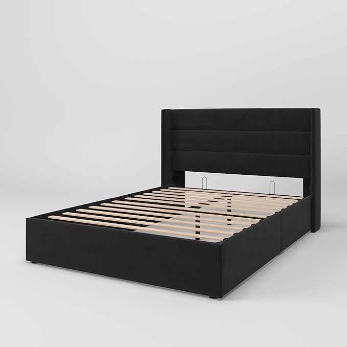 SHA CERLIN Queen Size Lift Up Storage Bed/Velvet Upholstered/Modern Wingback - Image 9