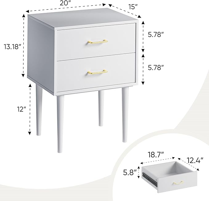 White Nightstand with 2 Drawers, Mid-Century Modern End Table, Wood Night Stand - Image 2