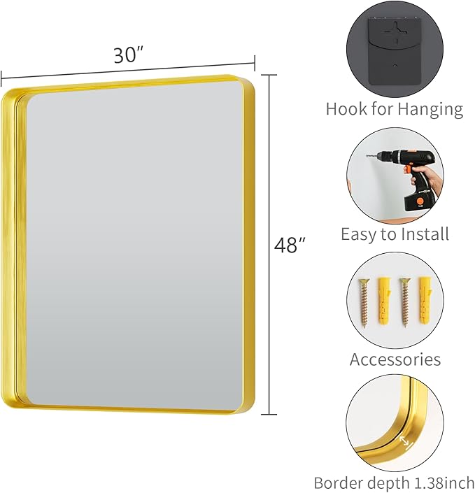 Koonmi Gold Wall Mirror for Bathroom, 30x48 Inch Matte Deep Framed Rounded - Image 4