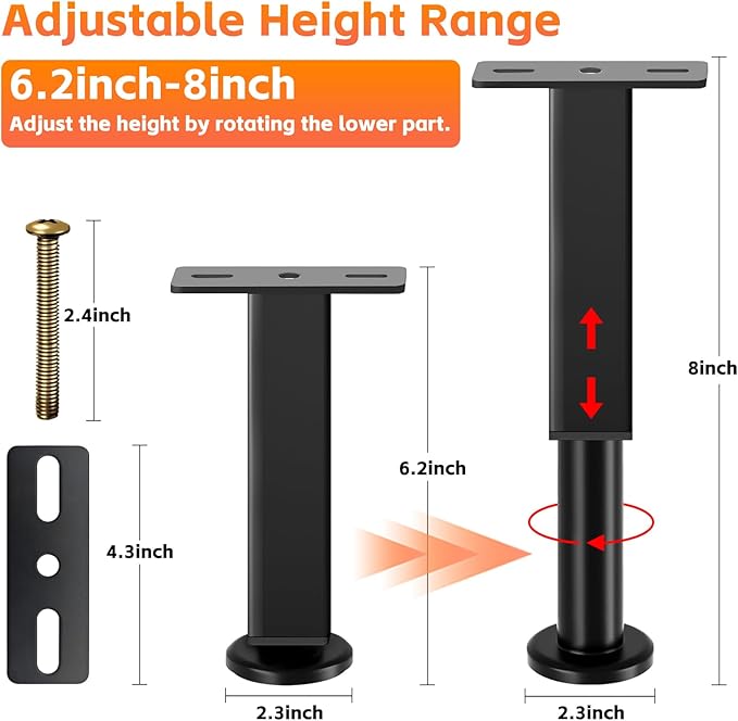 6PCS Adjustable Height Bed Support Legs, 6.2-8 Inch, Metal Heavy Furniture Legs - Image 3