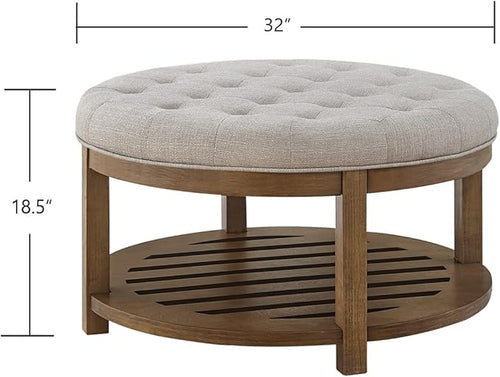 24KF Large Round Upholstered Tufted Linen Ottoman Coffee Table, Large Footrest - Image 2