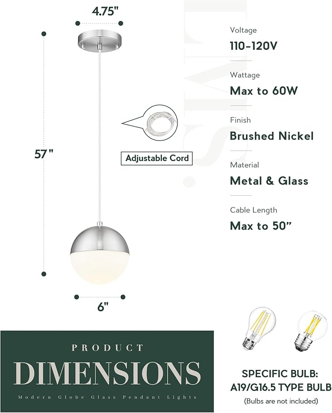 LMS 6-inch Brushed Nickel Pendant Light, Mid Century Kitchen Island Pendant - Image 3