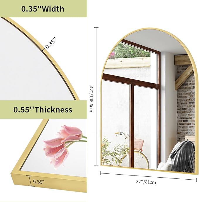 BEAUTYPEAK 32"x42" Arch Bathroom Mirror, Wall Mounted Vanity Metal Frame Mirror - Image 4