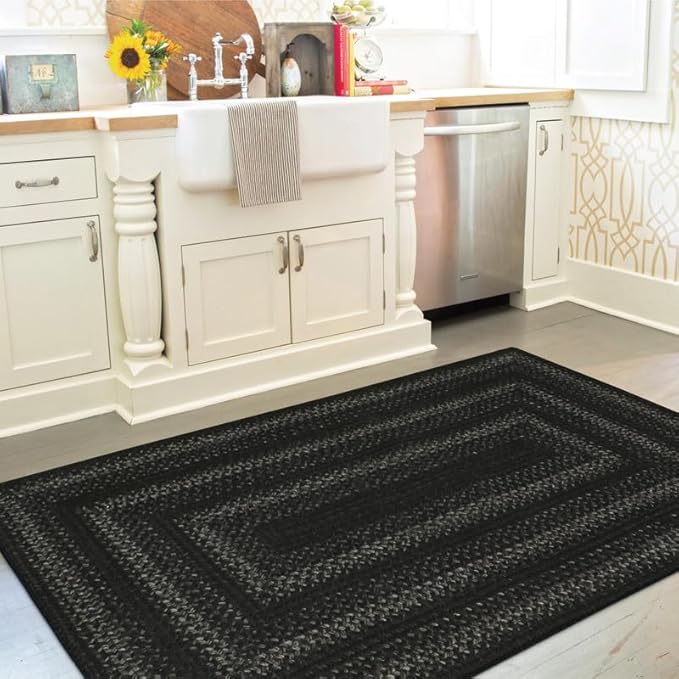 Jet Black Braided Rugs 27x45 – Primitive Style Gray and Black Indoor Entryway by Homespice