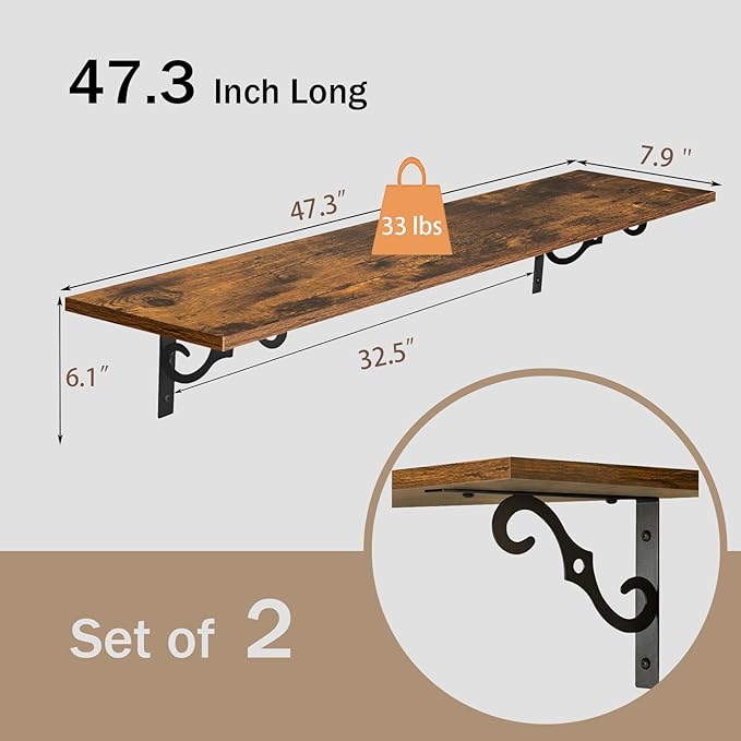 DINZI LVJ Long Wall Shelves, 47.3 Inch Large Floating Shelves Set of 2 - Image 3