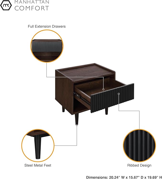Manhattan Comfort Duane Modern Ribbed Nightstand Set of 2, Bedside Table - Image 5
