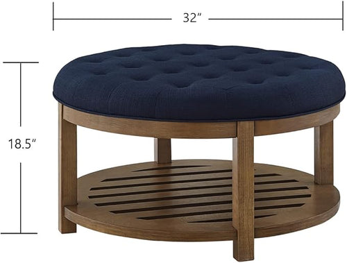 24KF Large Round Upholstered Tufted Linen Ottoman Coffee Table, Large Footrest - Image 2