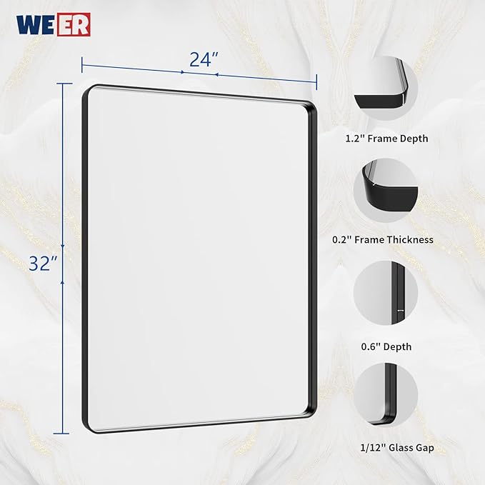 WEER Black Framed Mirror for Bathroom, 24x32 Inch Matte Black Bathroom Vanity - Image 6