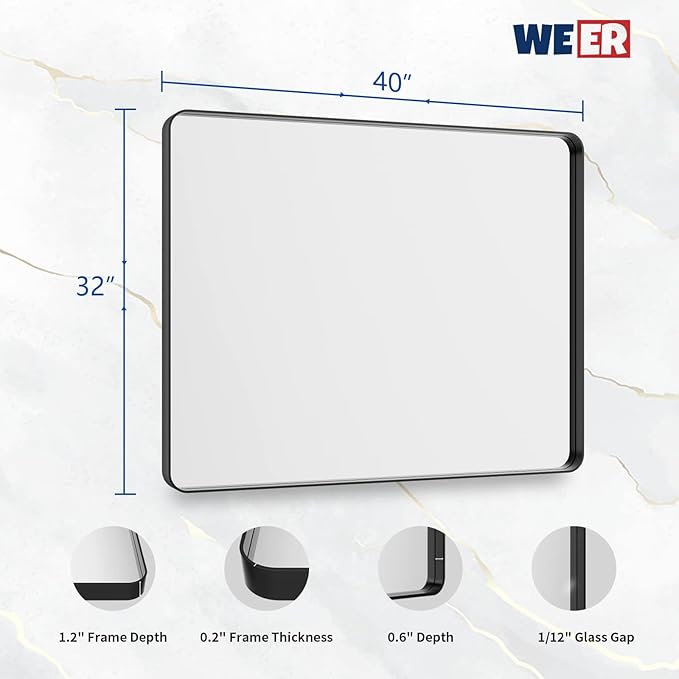WEER Black Bathroom Mirror, 40X32 Inch Rectangular Matte Black Metal Framed - Image 6