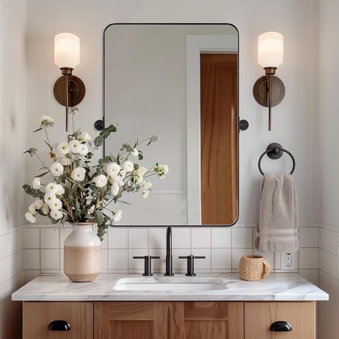 MOON MIRROR Matte Black Pivot Mirror Bathroom, Tilt Rounded Rectangular - Image 6