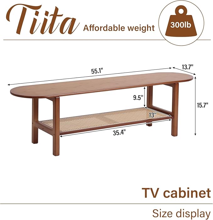 Tiita TV Stand with Storage for TV up to 65 inch, Bamboo Rattan TV Console - Image 2