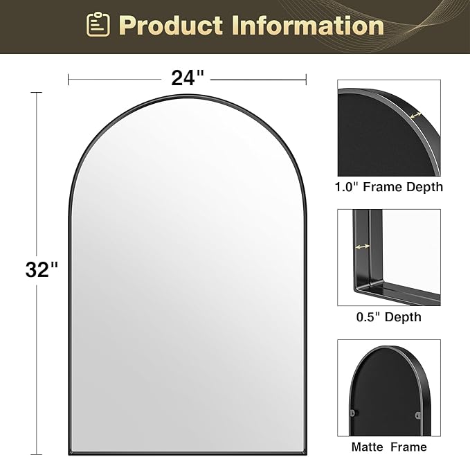 Brightify Arched Mirror, 23.9 x 31.9 Inch Black Arch Wall Mirror, Metal Frame - Image 7