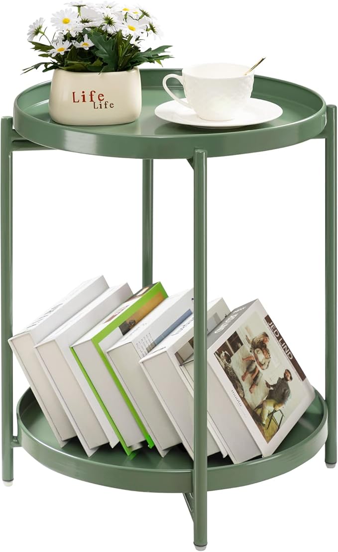 TeoKJ 2 Tier Green Side Table, Folding Round Metal End Table Small Nightstand by TeoKJ