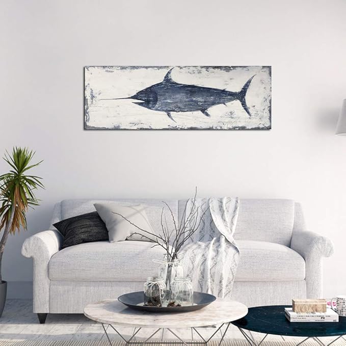 Yihui Arts Nautical Canvas Wall Art Animal Pictures Hand Painted Swordfish - Image 3
