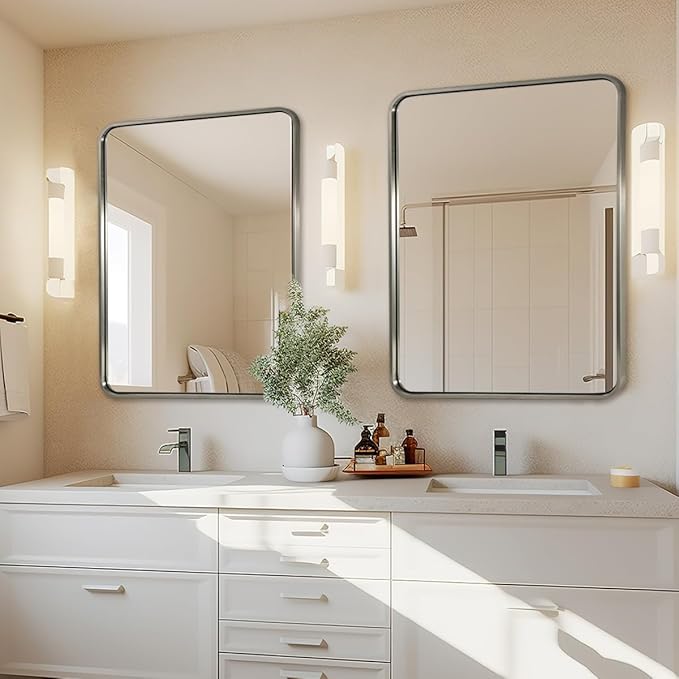 ANDY STAR 40x32 Inch Brushed Nickel Bathroom Mirror, Rounded Rectangle Bathroom - Image 9