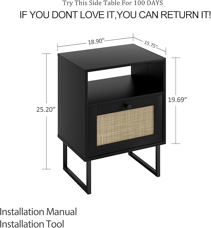 Masupu Rattan Nightstand, Boho Night Stand Modern Farmhouse Wood Bedside Table - Image 2
