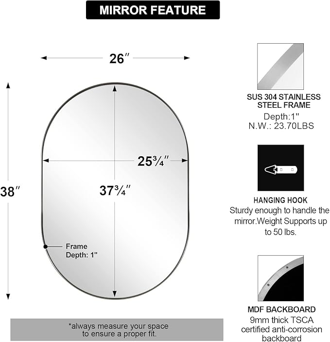 ANDY STAR Chrome Bathroom Mirror, 26x38’’ Oval Mirrors - Image 2