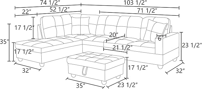L Shaped Sectional Sofa with Ottoman, Color Blocking Flannel Leather Right - Image 2