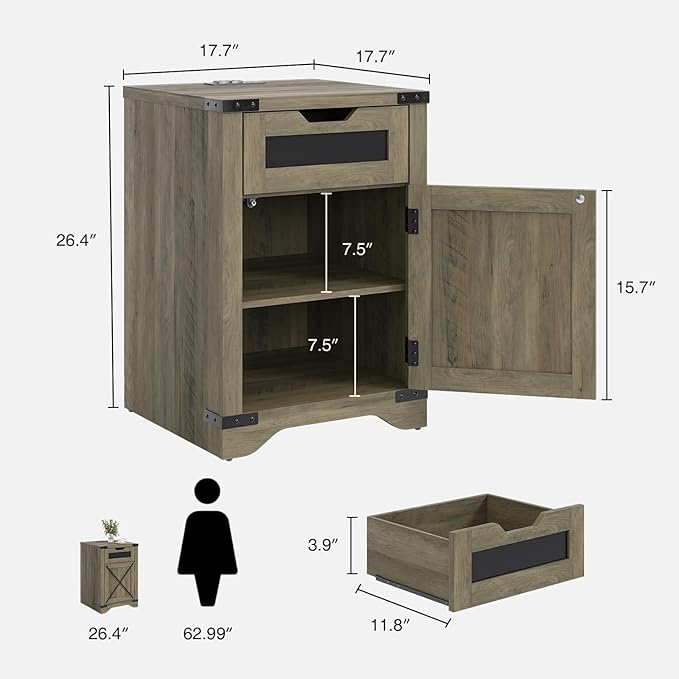 Farmhouse End Table with Charging Station, 26.4" Tall Rustic Nightstand with - Image 2